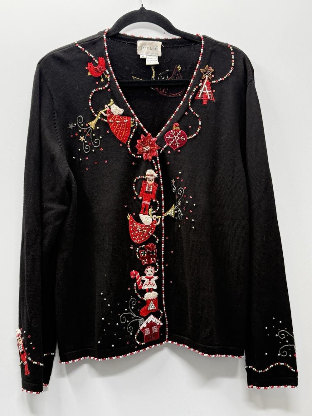 Just B XL Christmas Cardigan Nutcracker Angel Beaded Sequin Holiday Sweater